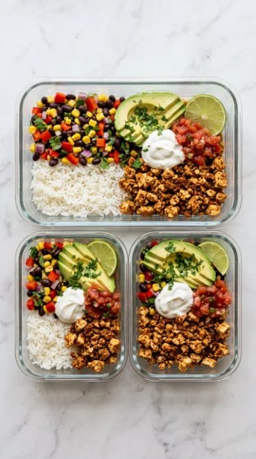 Crumble tofu burrito bowls with colorful vegetables and fresh toppings