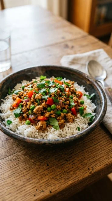 Delicious easy ground turkey rice bowls with colorful vegetables and spices.