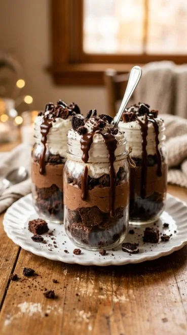 Delicious Hershey’s Frosting Brownie Parfaits in glass cups