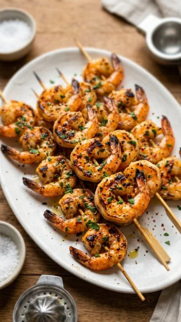 Tasty grilled shrimp skewers with lemon garlic marinade