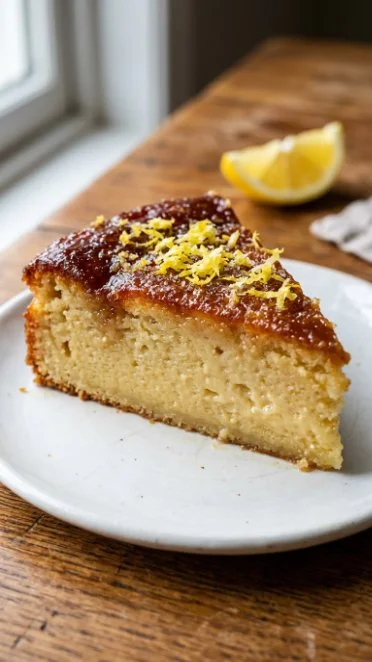 Slice of flourless protein lemon cake topped with fresh lemon zest
