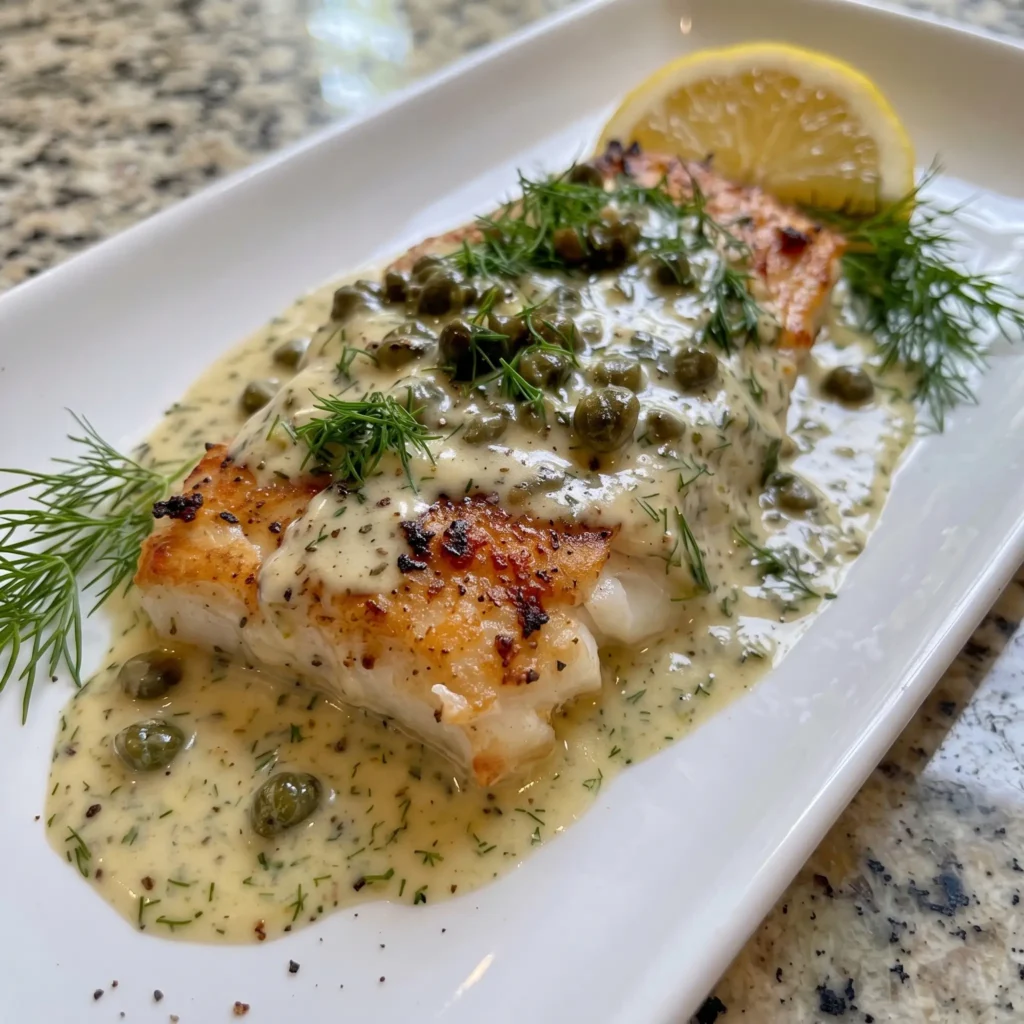 Baked Flaky White Fish in Creamy Dill Caper Sauce