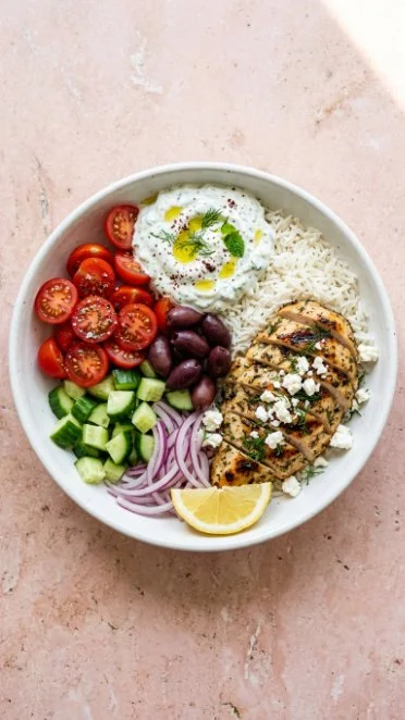 Delicious Greek Chicken Rice Bowl topped with fresh vegetables and herbs.