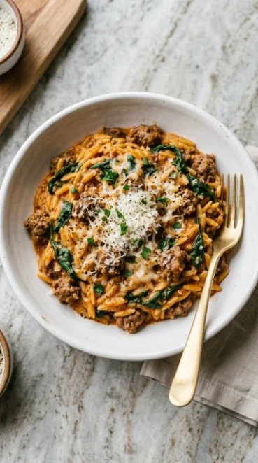 Ground Beef Orzo in Creamy Tomato Sauce served in a bowl