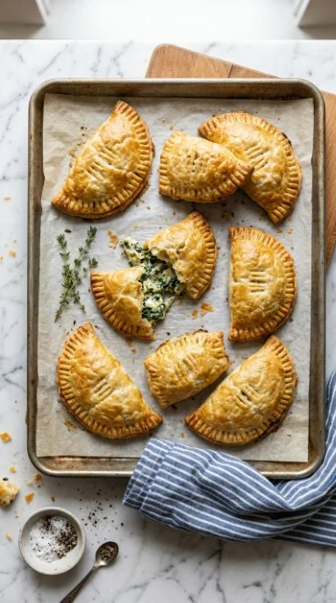 Golden handheld puff pastry pies filled with savory ingredients