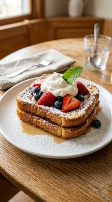 Healthy cottage cheese French toast served with fresh fruit and syrup.
