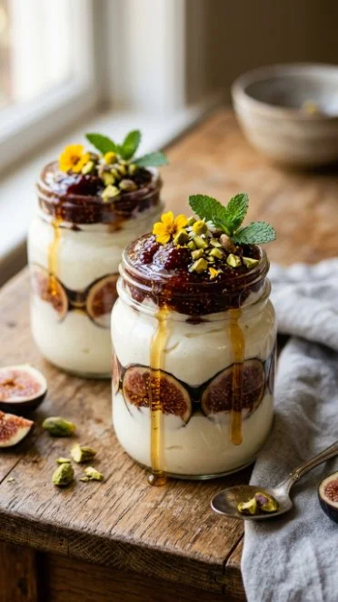 Healthy Fig and Honey Greek Yogurt Parfait with fruits and granola