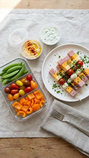 A colorful healthy lunch box filled with nutritious snacks and meals.