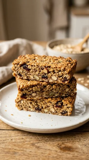 Healthy oatmeal bars stacked on a wooden table, perfect for snacking.