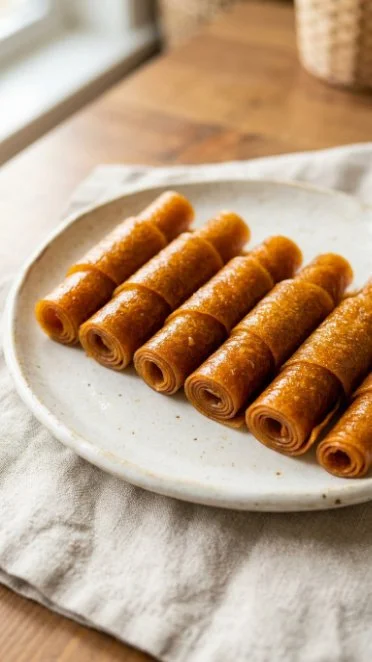 Homemade mango fruit leather on a wooden surface with fresh mango slices.