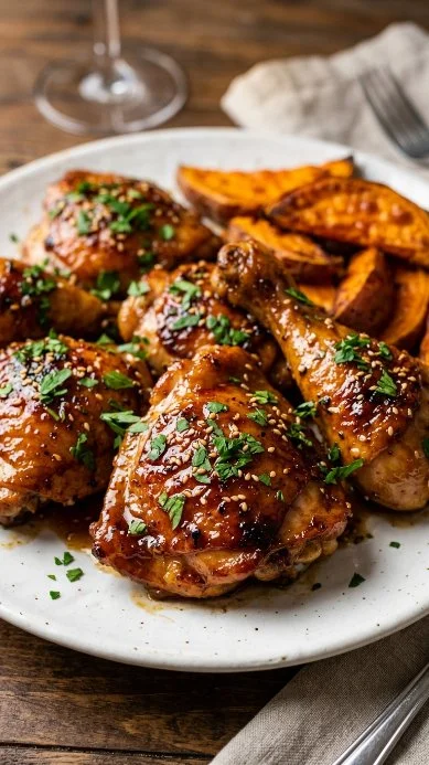 Delicious Honey Garlic Chicken served with roasted sweet potatoes