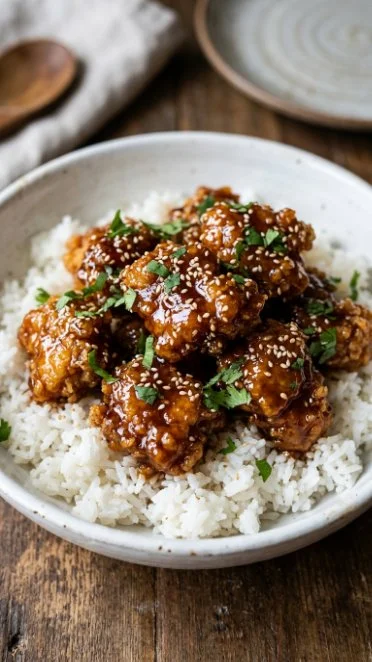 Delicious Honey Sesame Chicken garnished with sesame seeds and green onions
