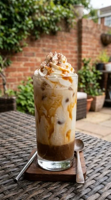 Iced Salted Caramel Mocha topped with whipped cream and caramel drizzle