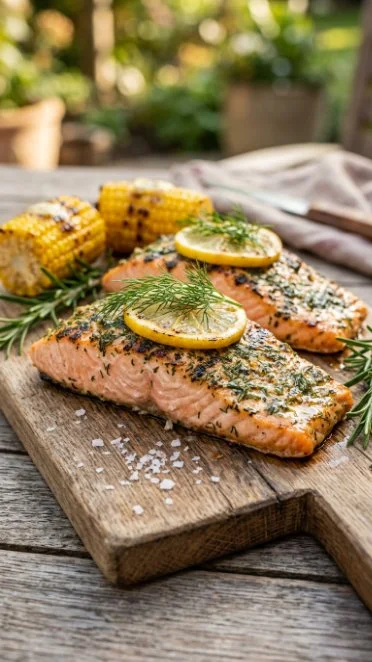 Delicious lemon herb grilled salmon with fresh herbs on a plate