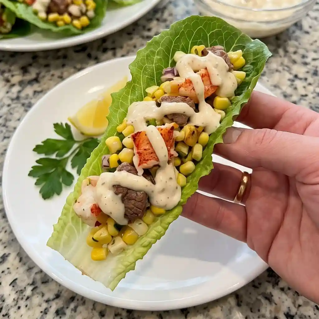 Lemon Herb Steak & Lobster Lettuce Wraps with Garlic Parmesan Crema This is one of those fresh surf and turf dinners that feels elegant without being complicated, tender steak, juicy lobster, sweet corn slaw, crisp lettuce, and creamy garlic Parmesan sauce in every bite.