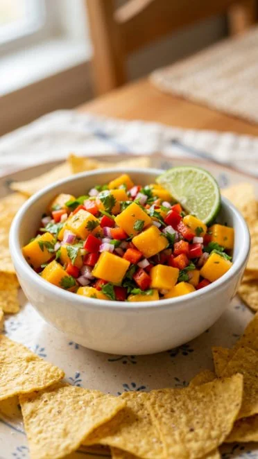 Fresh mango salsa with diced mango, onion, and cilantro in a bowl.