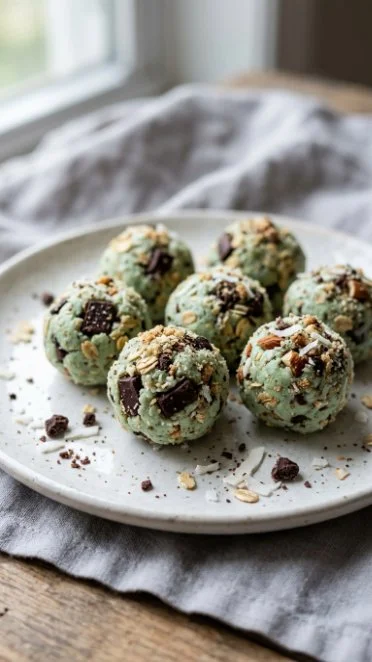 Homemade Mint Chocolate Chip Protein Balls on a plate