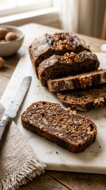 Loaf of moist date nut bread with walnuts and dates on a wooden table.