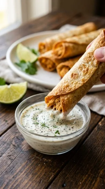 Oven baked chicken taquitos served on a plate with salsa.