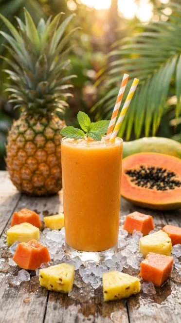 Papaya and pineapple healing smoothie in a glass with fresh fruits around.