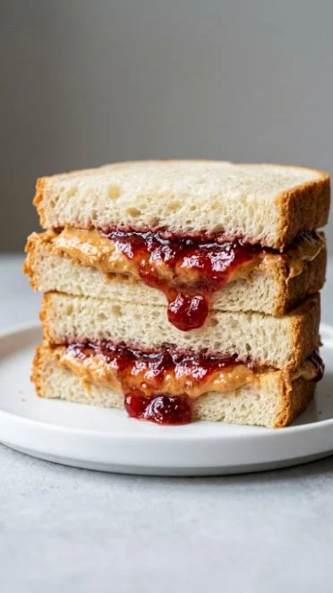 Aesthetic Peanut Butter and Jelly Sandwich beautifully arranged on a plate.