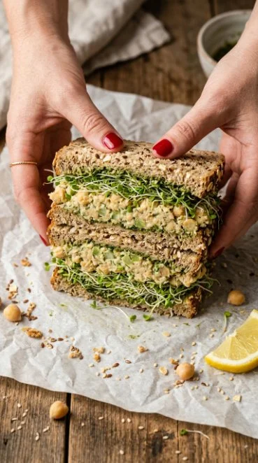 Pesto Smashed Chickpea Salad with fresh ingredients in a bowl