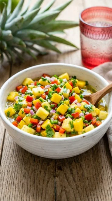 Vibrant Pineapple Mango Salsa in a bowl with fresh ingredients