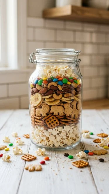 A bowl of popcorn trail mix with nuts and dried fruits for a healthy snack.