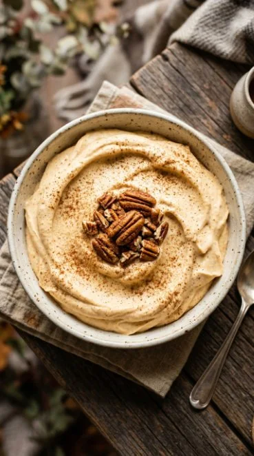 Creamy pumpkin fluff dessert in a bowl, garnished with spices