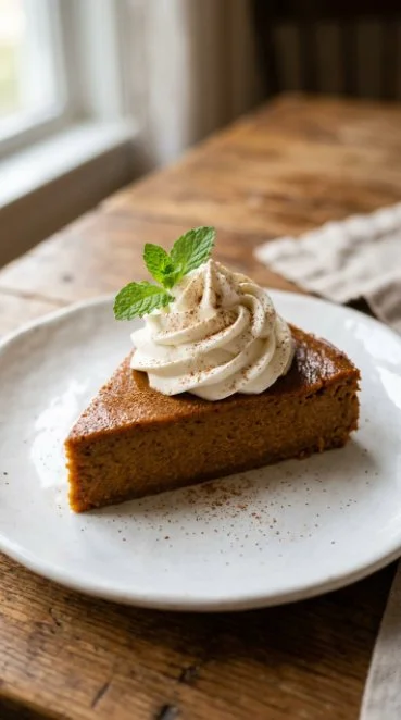 Delicious crustless pumpkin pie served in a rustic setting