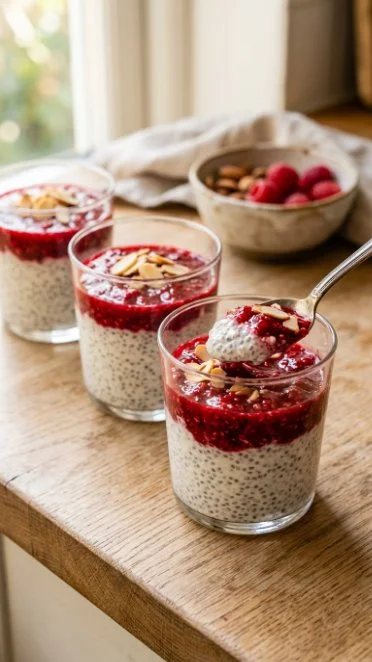 Delicious Raspberry Chia Pudding topped with Cottage Cheese in a bowl