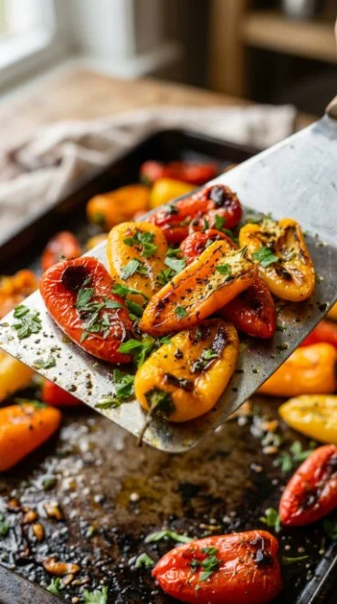 Plate of roasted mini peppers garnished with herbs