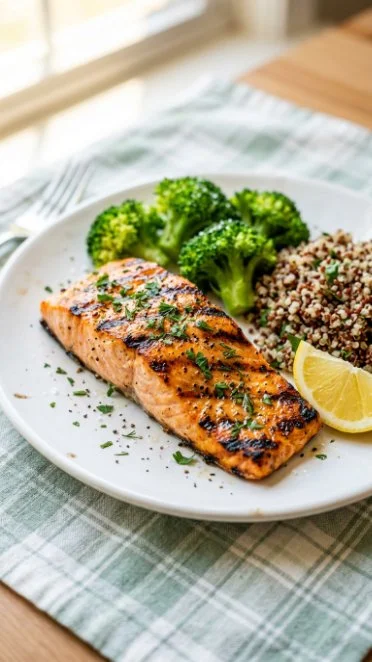 A plate of salmon served with quinoa and fresh vegetables for a healthy lunch