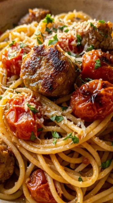 Serving of Sausage and Tomato Pasta with fresh herbs and grated cheese