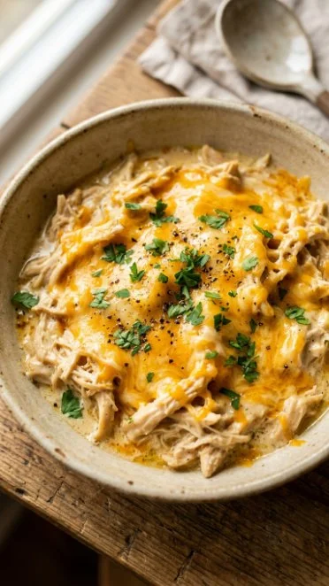 Slow cooker cheesy ranch chicken dish with creamy sauce and herbs