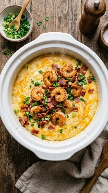 Delicious slow cooker shrimp and grits served in a bowl