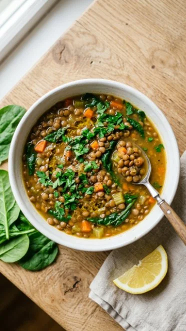 Bowl of healthy Spinach and Lentil Soup garnished with fresh herbs