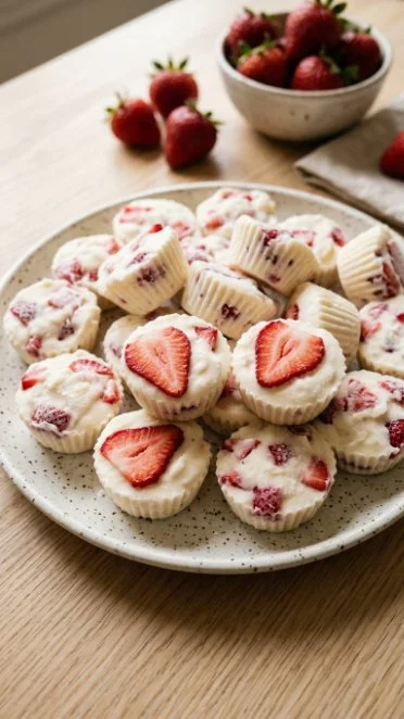 Strawberry yogurt bites arranged on a plate, a healthy snack option