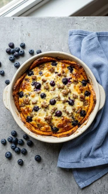 Sweet potato blueberry sausage frittata served on a plate