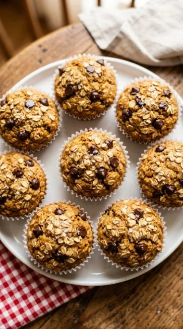 Healthy oatmeal muffin fresh out of the oven, topped with oats and berries.