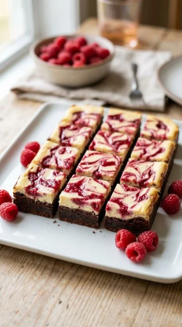 Vegan Raspberry Cheesecake Brownie Bars topped with fresh raspberries and coconut.