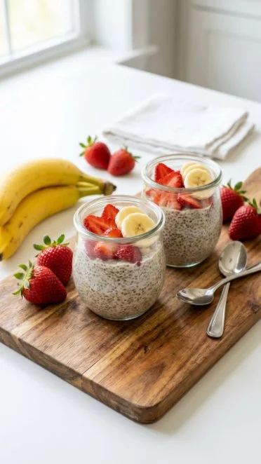 Vegan Vanilla Chia Seed Pudding served in a glass bowl