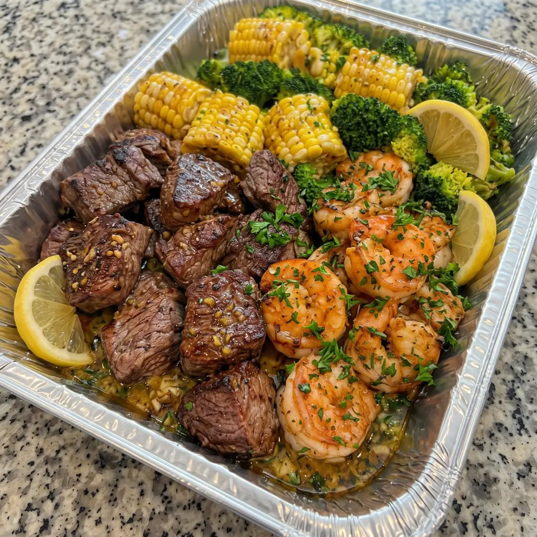 Garlic Butter Steak, Shrimp, Corn & Broccoli