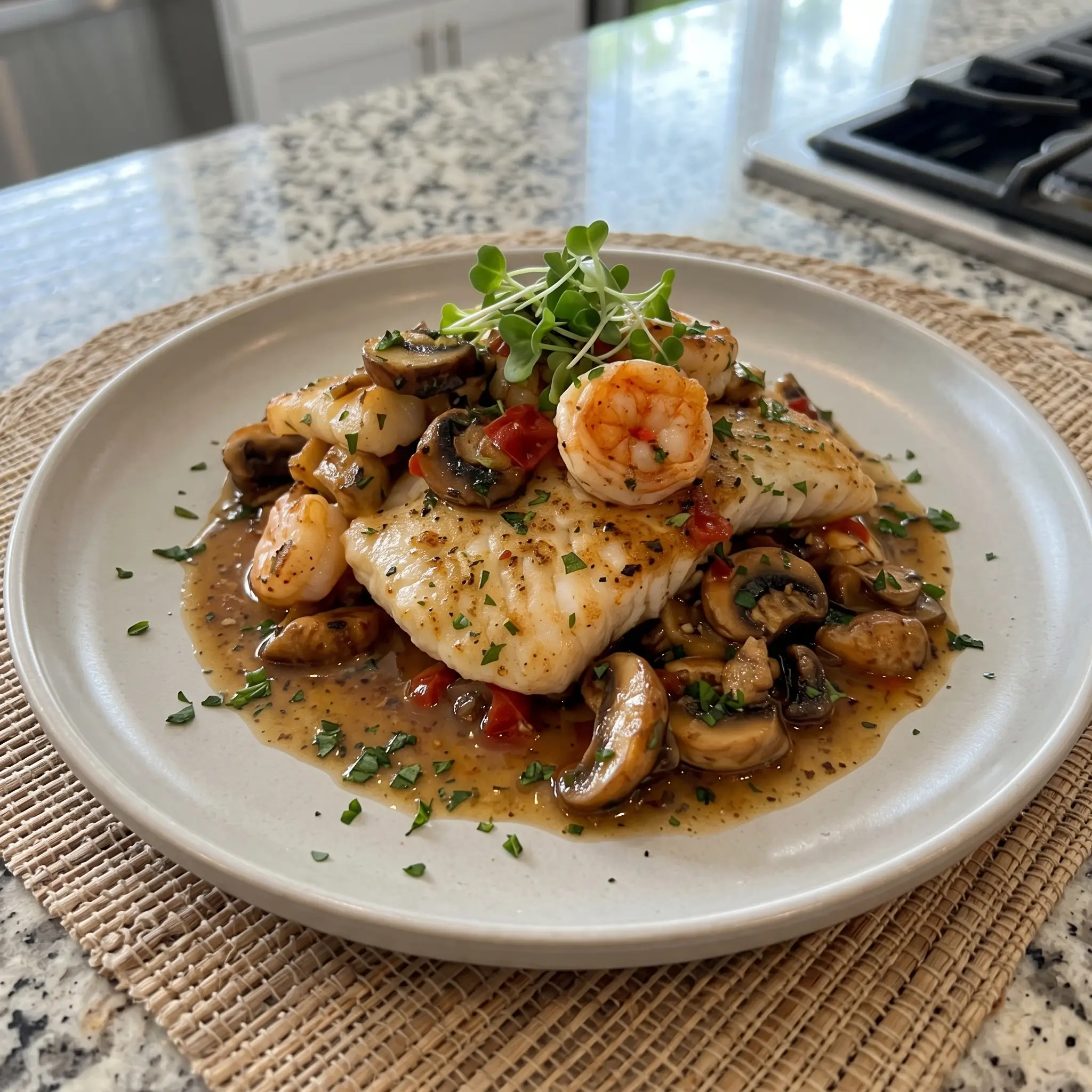 Golden Cod with Shrimp and Mushrooms in Garlic Sauce