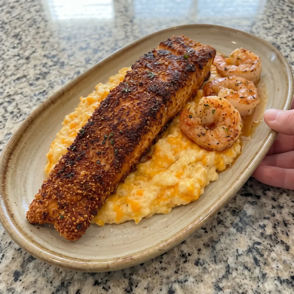 Crispy Parmesan Crusted Salmon with Garlic Butter Shrimp & Cheesy Mashed Potatoes