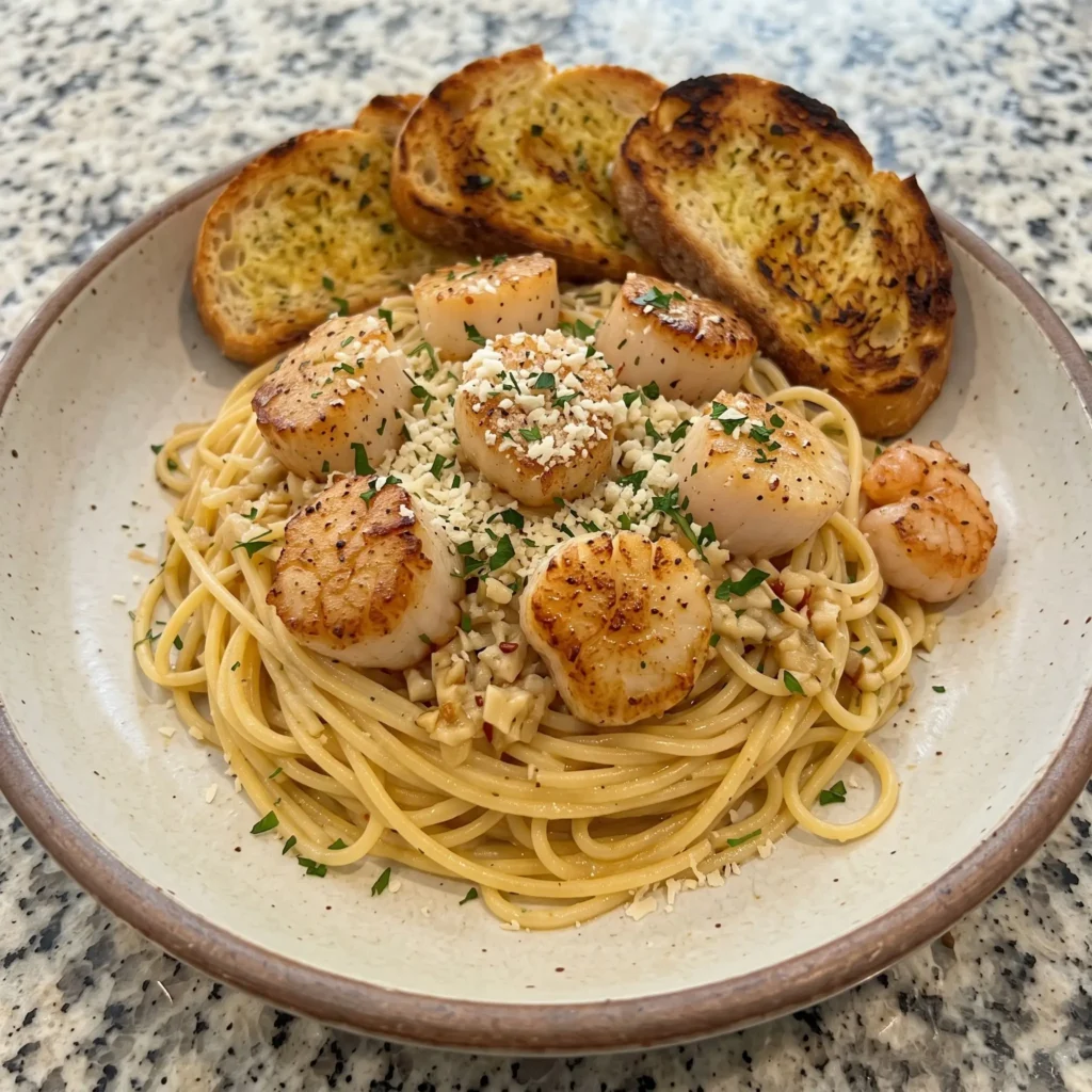 Scallop Scampi with Garlic Bread