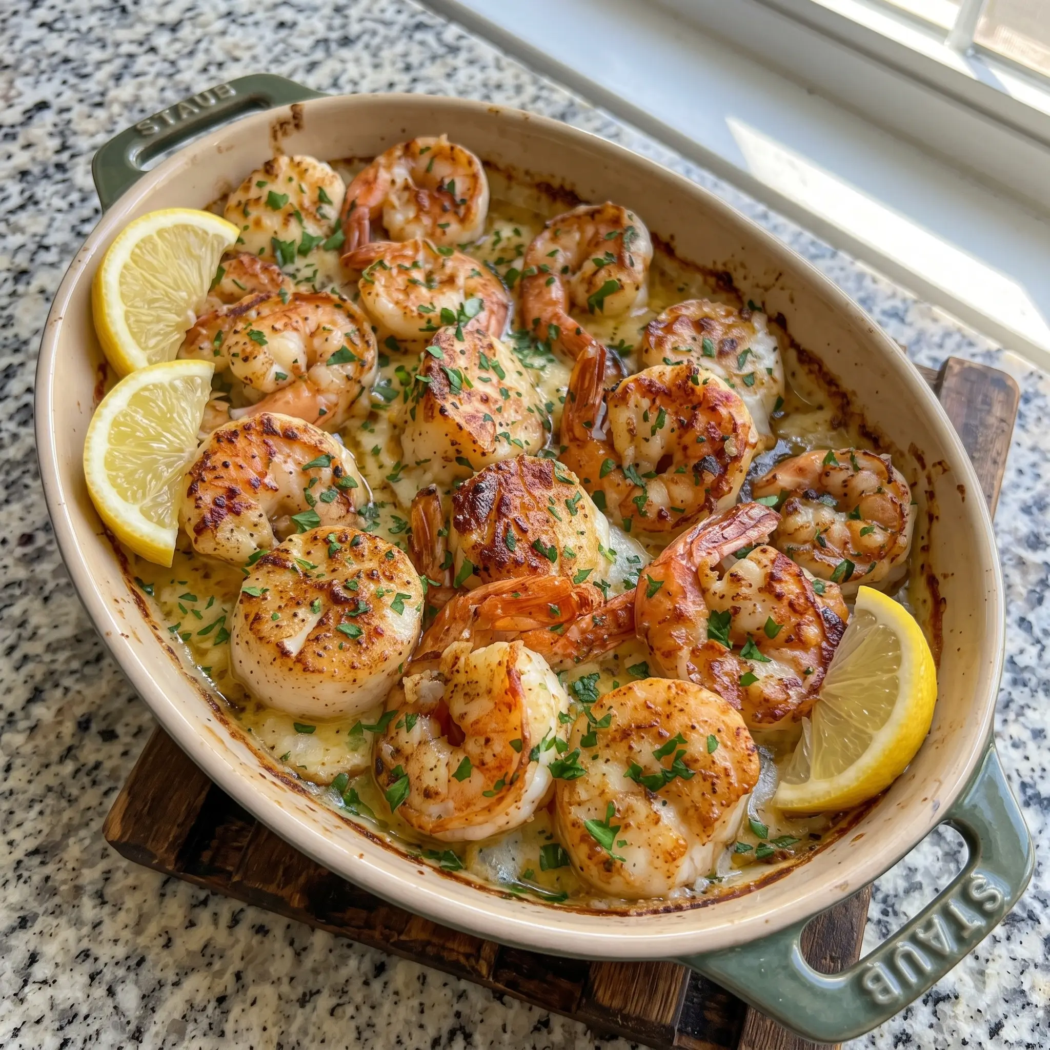 Garlic Butter Shrimp and Scallop Seafood Bake